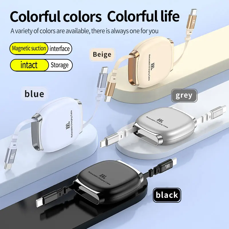 كابل USB C إلى USB C 100 وات، سلك شاحن محمول قابل للسحب، سلك شحن سريع من النوع C لهاتف iPhone 17/16، سلسلة Samsung Galaxy S21