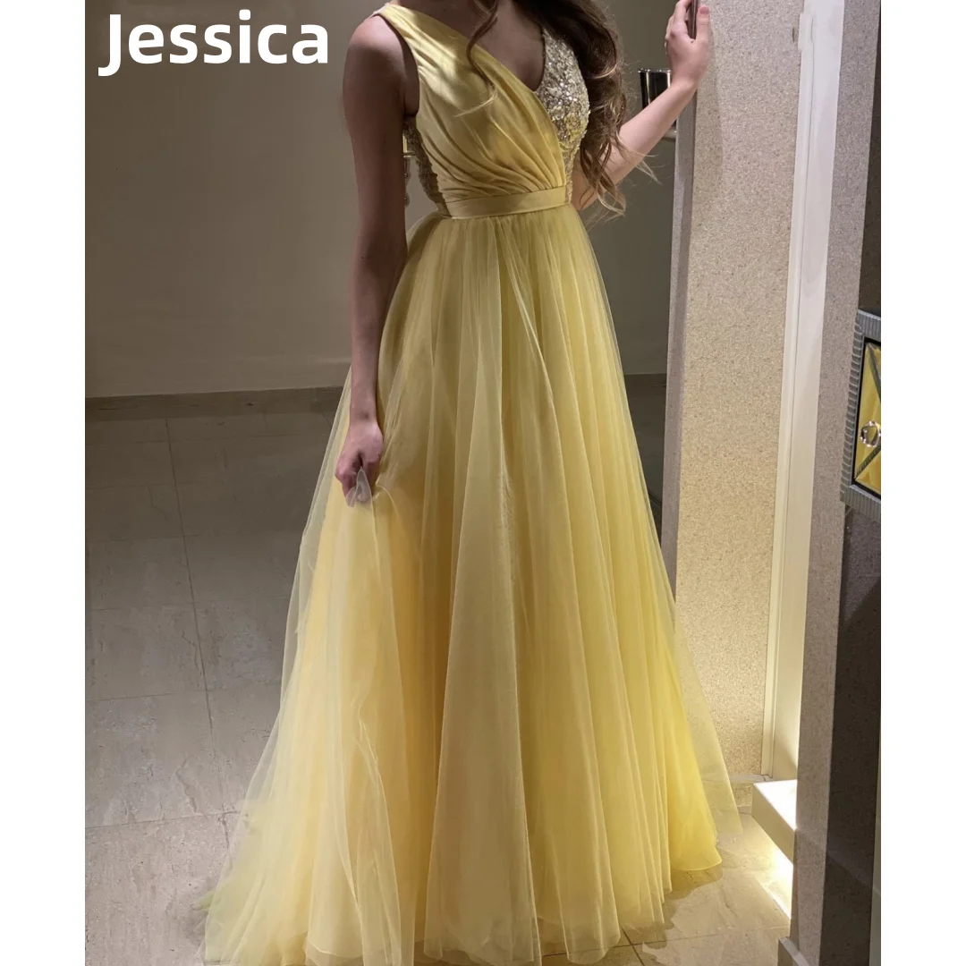 Jessica Yellow V-neck Prom Dress Tulle Sequins Evening Dresses Prom Dresses Elegant Lady Dinner Party Dresses 2024Wedding Dress