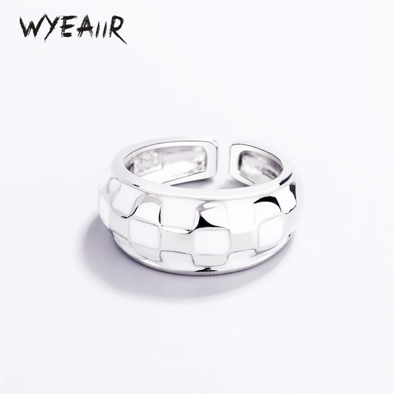 WYEAIIR 925 Sterling Silver Geometric Checkerboard White Squares Resizable Opening Ring For Women Luxury Jewelry