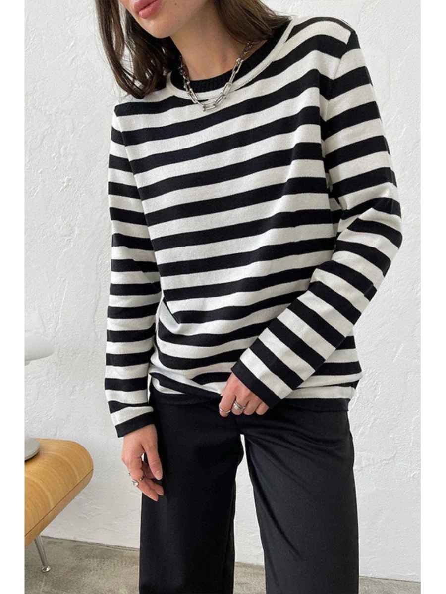 Wolfeel Knitted Stripe Sweater Women Autumn Winter Loose Casual Thick Pullovers Female Warm Long-sleeved Round Neck Tops