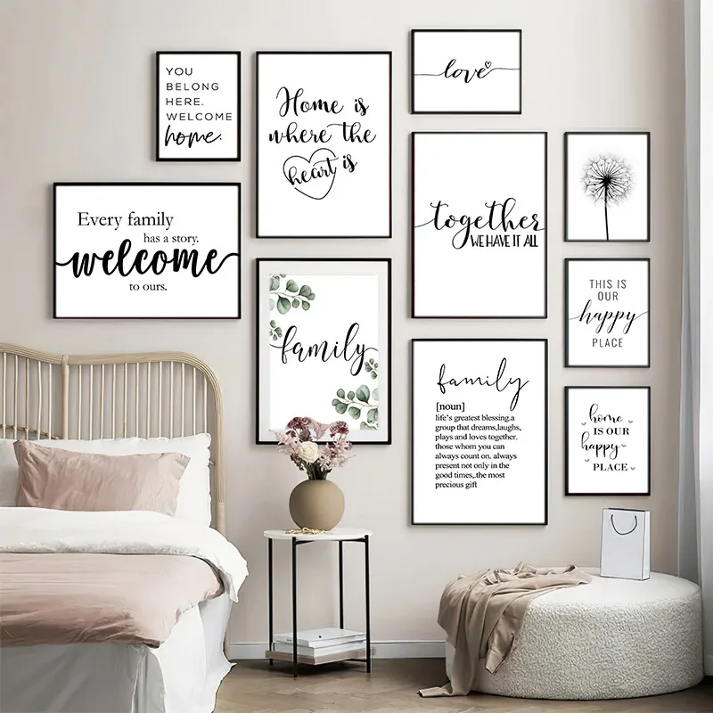 Affiches murales en noir et blanc avec citations sur la famille heureuse, impressions de cœurs d'amour, peinture sur toile minimaliste nordique, décoration de salon