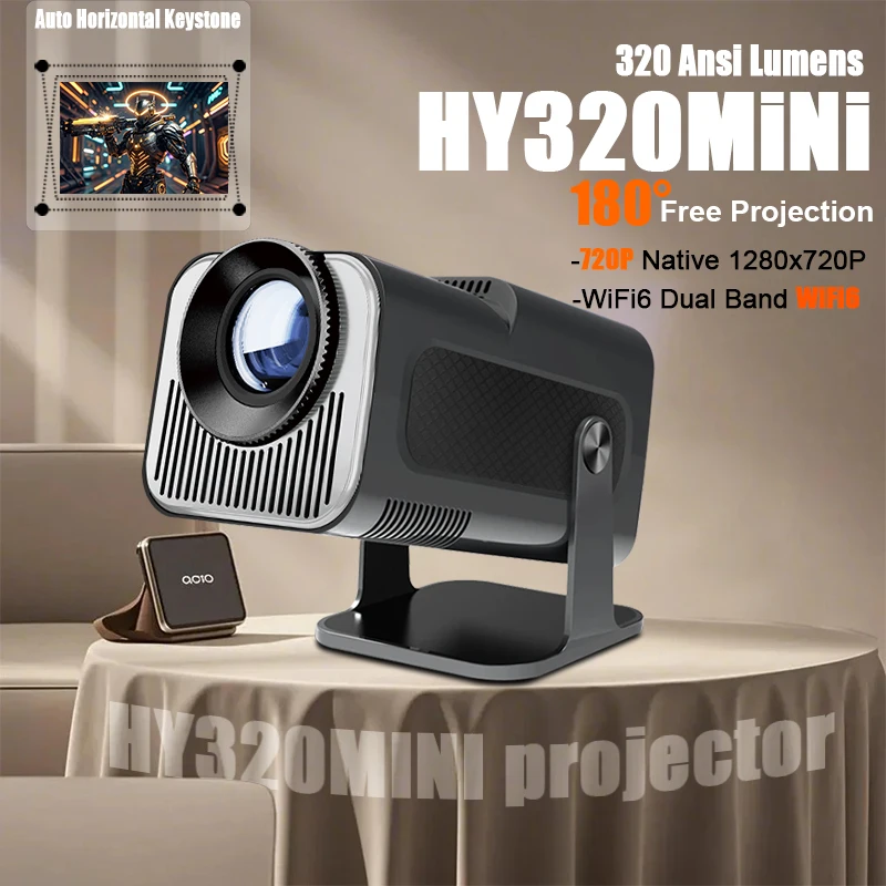 HY-320Mini Portable nouvellement natif 720P Allwinner H713 Android11 4K projecteur 320ANSI Wifi6 BT5.0 cinéma projecteur rotatif extérieur