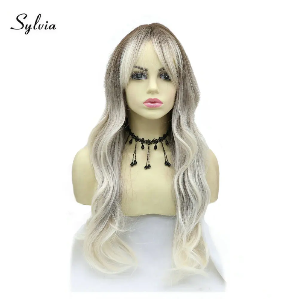 

Sylvia Ombre Blonde Wig with Middle Parting Bangs Natural Wavy Wig with Dark Root Blond Highlight Wigs for Women 24 Inch