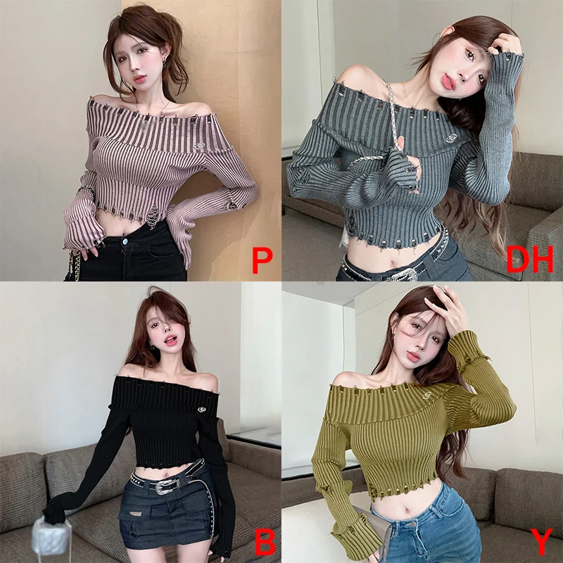 Women Sweater Off Shoulder Knitted Expose Navel Slim Sexy Spring Autumn Long Sleeves Street Style All-Match Inside Wear