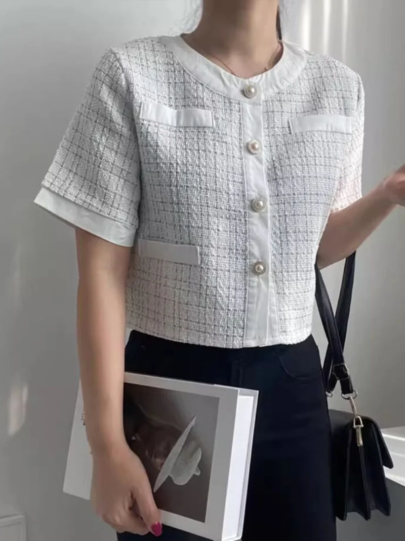 

Chic Retro Pearl Button round Ne ort Sve Tweed Jaet Women's Single Button ort Coat Commute Sle Loose Fit Summer