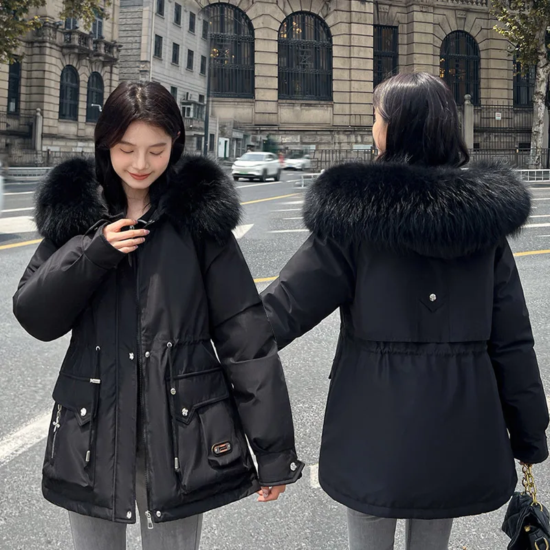 Padded Wool Liner Hooded Parka for Women, Fur Collar Jacket, Warm Snow Wear, Winter Clothes, Fashion Coat, New, 2024