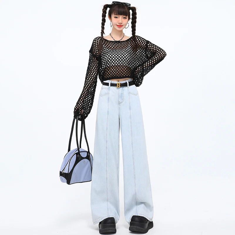 Pantalones vaqueros de cintura alta para mujer, pantalones vaqueros informales de pierna ancha, estilo americano Vintage, pantalones largos rectos cómodos azules