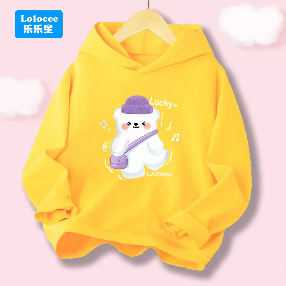 Spring Autumn Lucky Cute Bear Printed Children's Long-sleeved Hoodies Girls' Fashion Hooded Sweatshirts Students Top XZB01