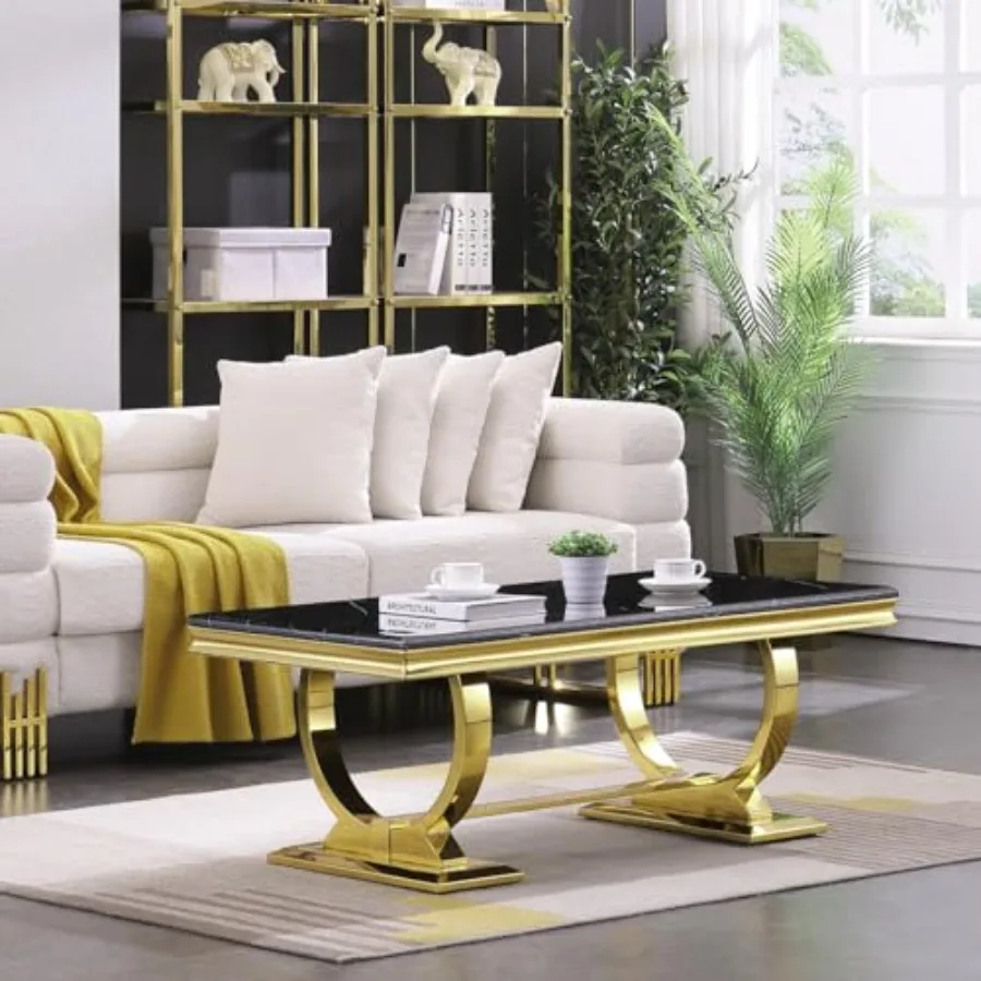 

Gold Coffee Table for Living Room, 48 inch Rectangular Black and Gold Coffee Table with Polished Stainless Steel U Base