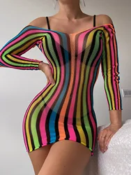 Stunning Fish Net Teddy Dress Semi-Sheer Rainbow Striped Party Dress Women's Lingerie Dresses