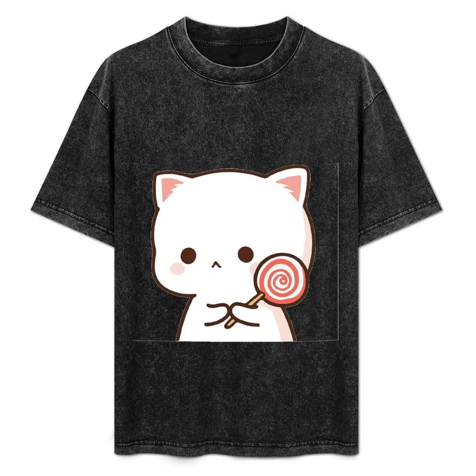 

Peach Goma Mochi Mochi Cat Lolipop Sad Pose T-Shirt Basic All Season Solid T-Shirt