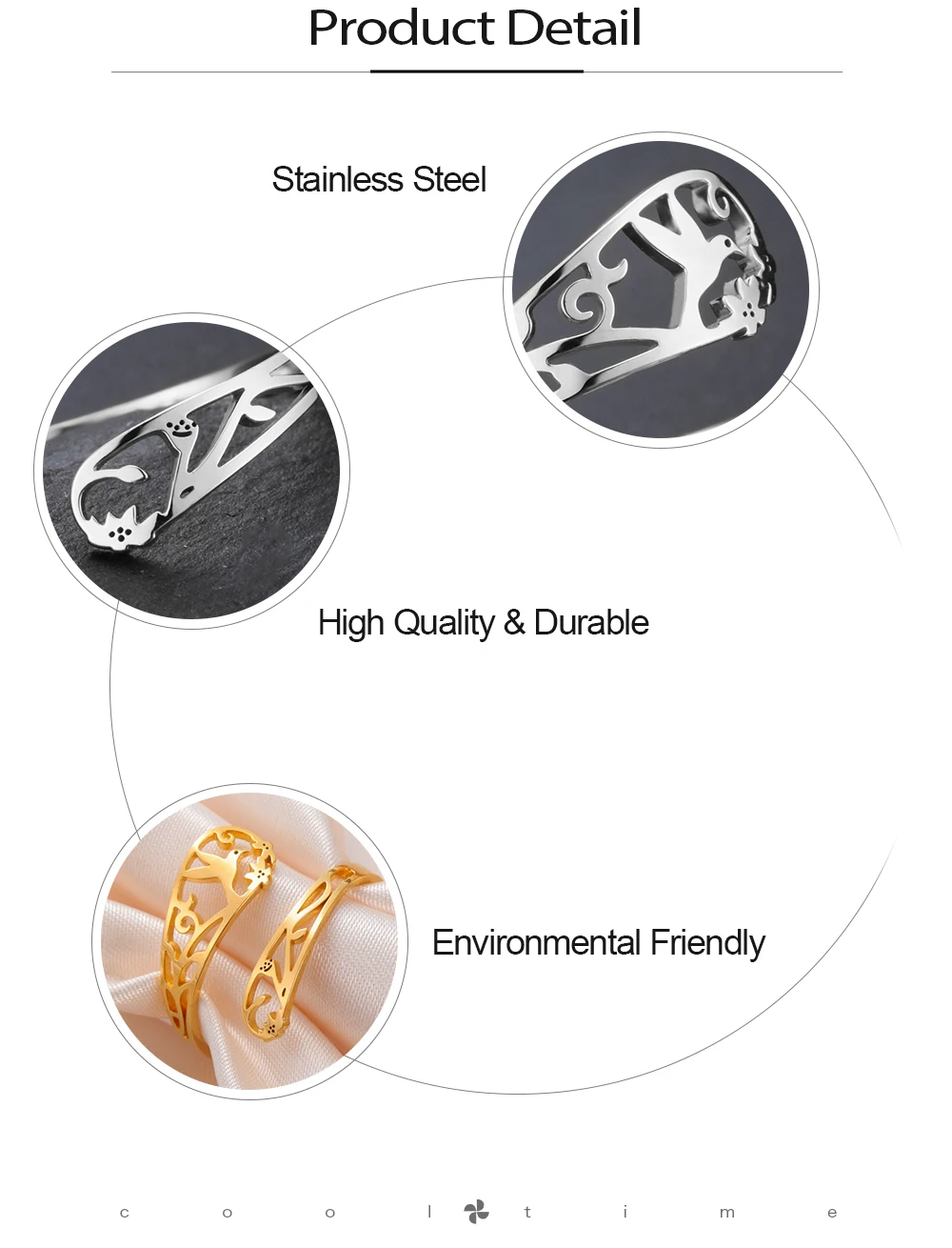 COOLTIME Blumen- und Vogel-Damenring, Edelstahl, verstellbar, modischer Blumen-Fingerring, Schmuck, Geburtstagsgeschenk – Detail 5