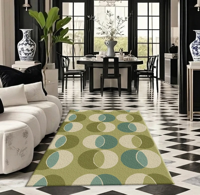 Medieval Style Abstract Oval Geometric Carpet with Vintage Green Tones and Seamless Print, Suitable for Home Interior Decoration