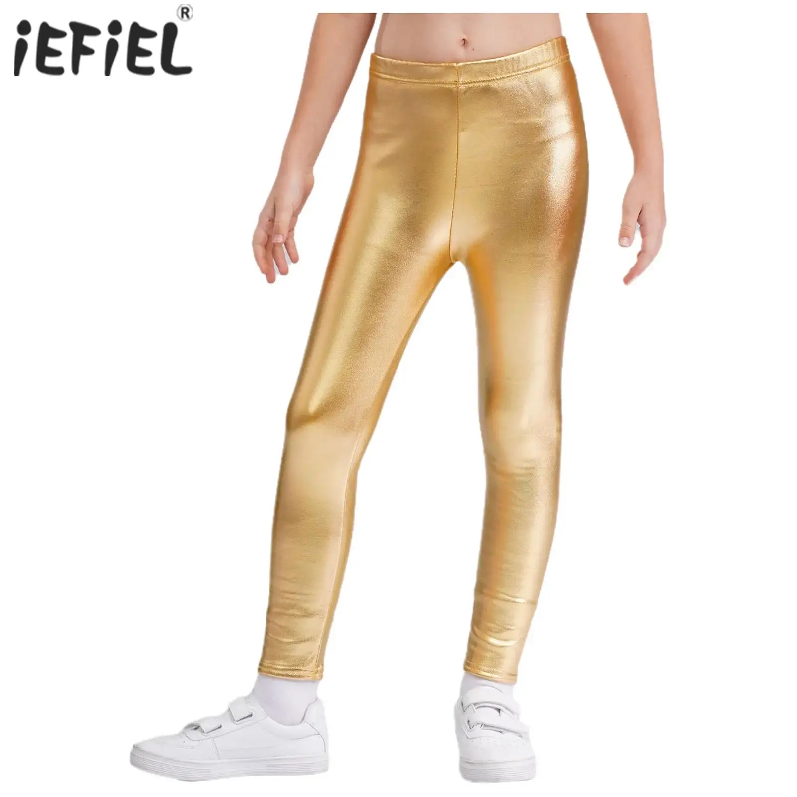 Pantaloni da ballo per bambina per bambini Leggings metallici foderati in pile caldo Pantaloni skinny con elastico in vita per spettacoli teatrali di feste da ballo