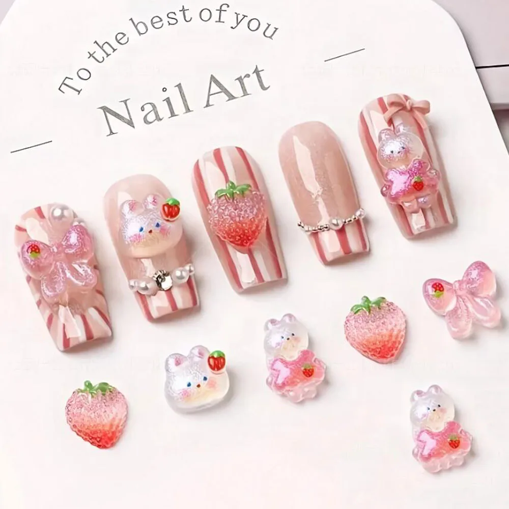 50Pcs 혼합 만화 딸기/토끼/나비 네일 참 플랫 백 수지 딸기 네일 장식 DIY Sweet Girl Bunny Nail Parts