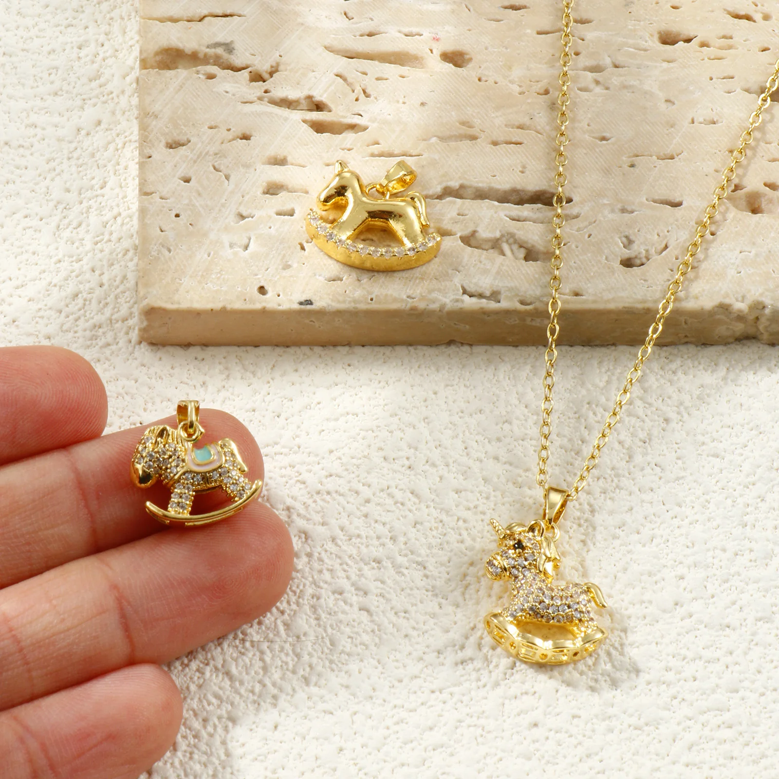 2PCs 8Seasons Brass 3D Rocking Horse Charms For Jewelry Making 18K Gold Plated Clear Cubic Zirconia Toy Pendant Necklace DIY