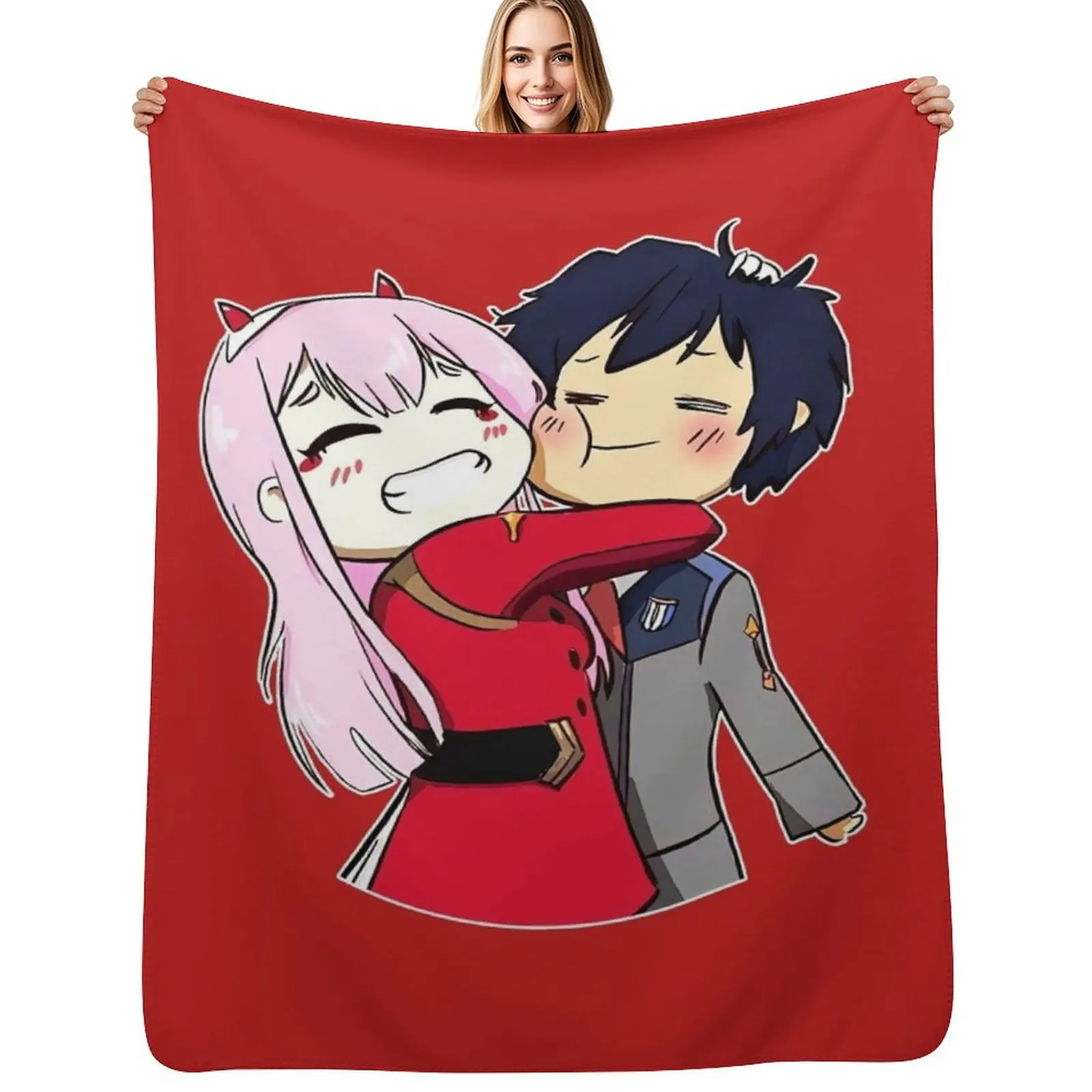 

adorable zero two and hero chiby Throw Blanket Quilt Flannel Travel Luxury Thicken Blanket