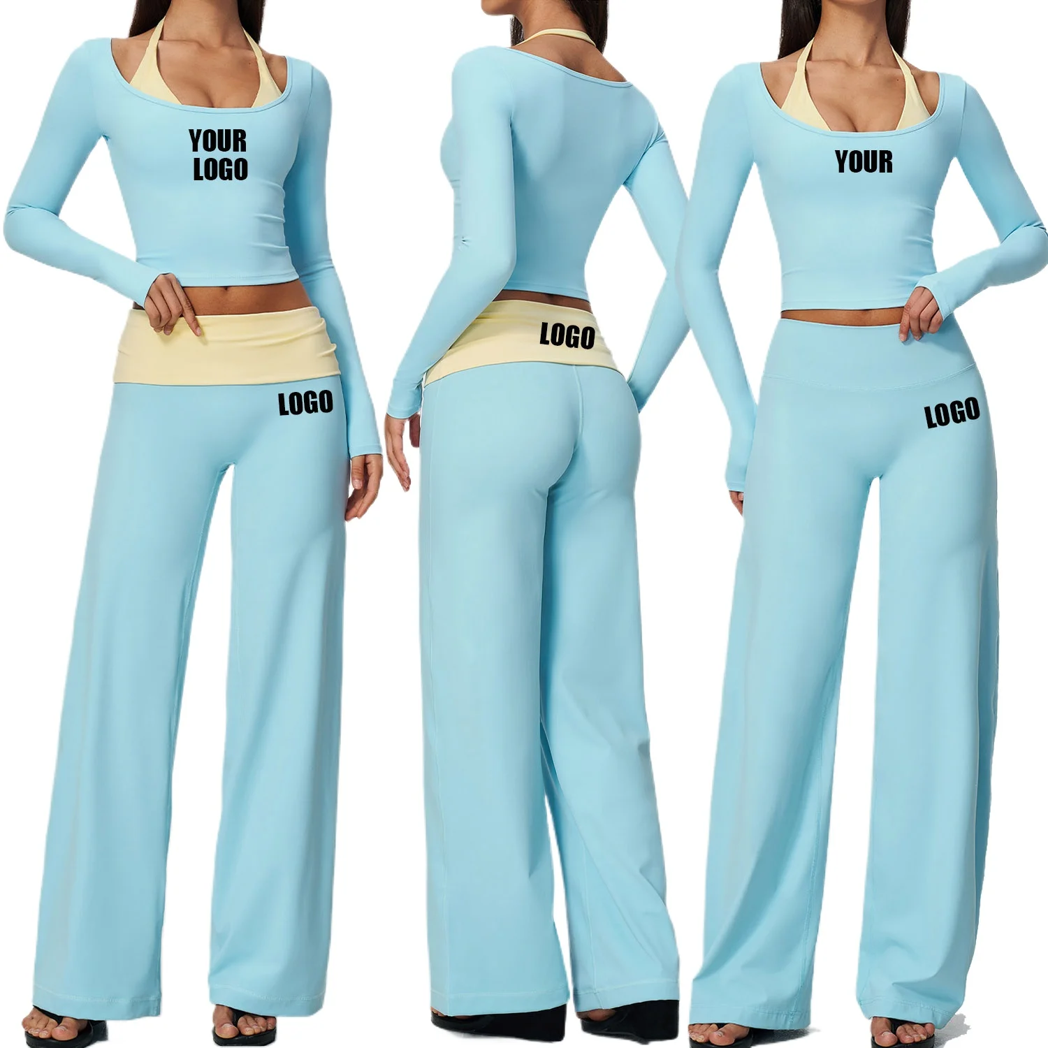 Pers LOGO Custom Women's New Yoga Contrast Color Belly Hip Lift Running Quick-drying FitnessT-shirt Wide Leg Pants Two-piece Set