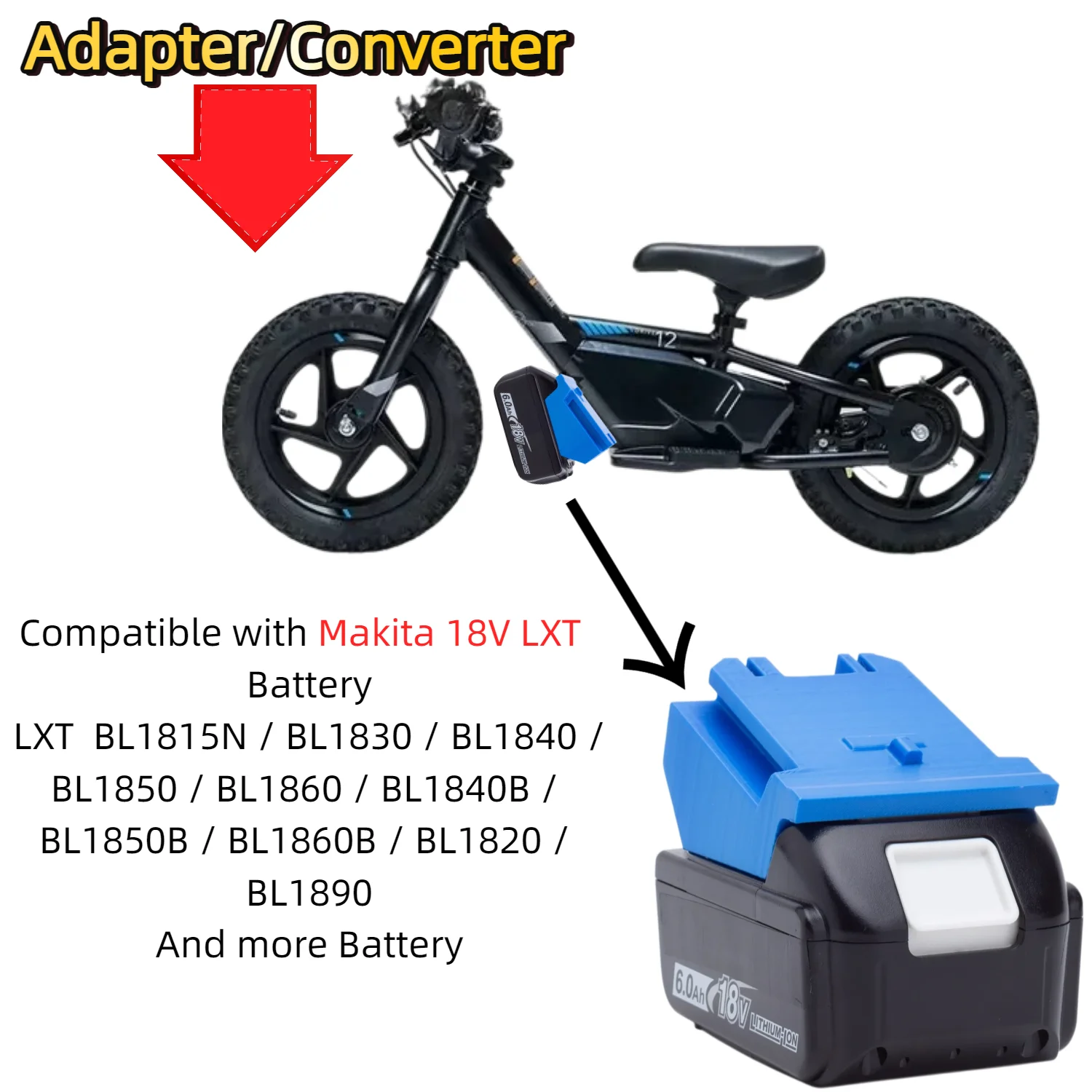 Battery Adapter/Converter for Makita 18V LXT Li-ion Battery To Stacyc 12eDRIVE /16eDRIVE 20V Max Electric Balance Bike