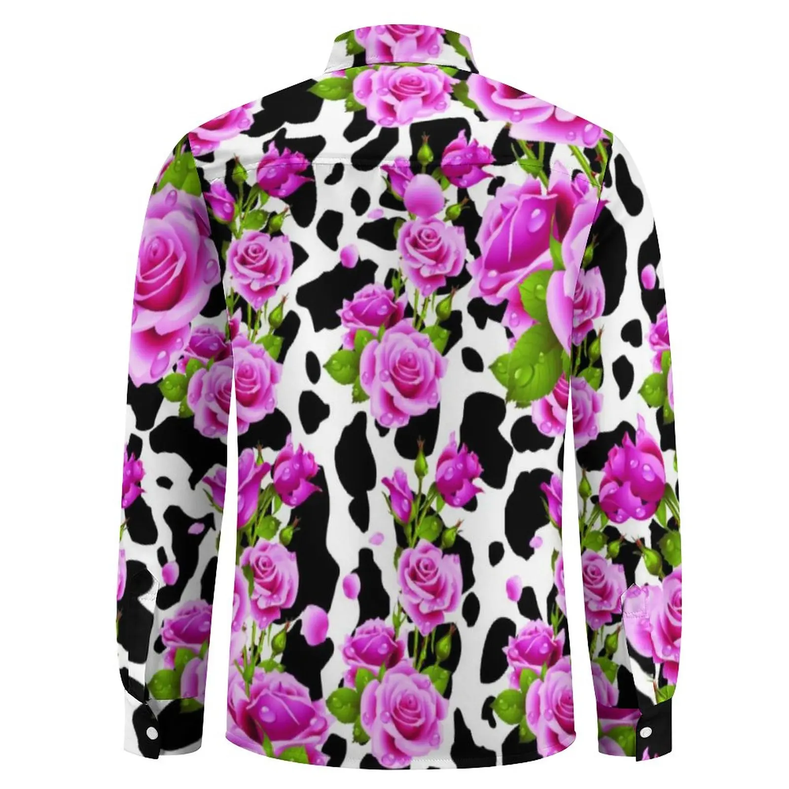 Impressão de vaca e rosas colocadas camisa outono manchas de vaca flor camisas casuais homem moda blusas manga longa personalizado engraçado topo tamanho grande