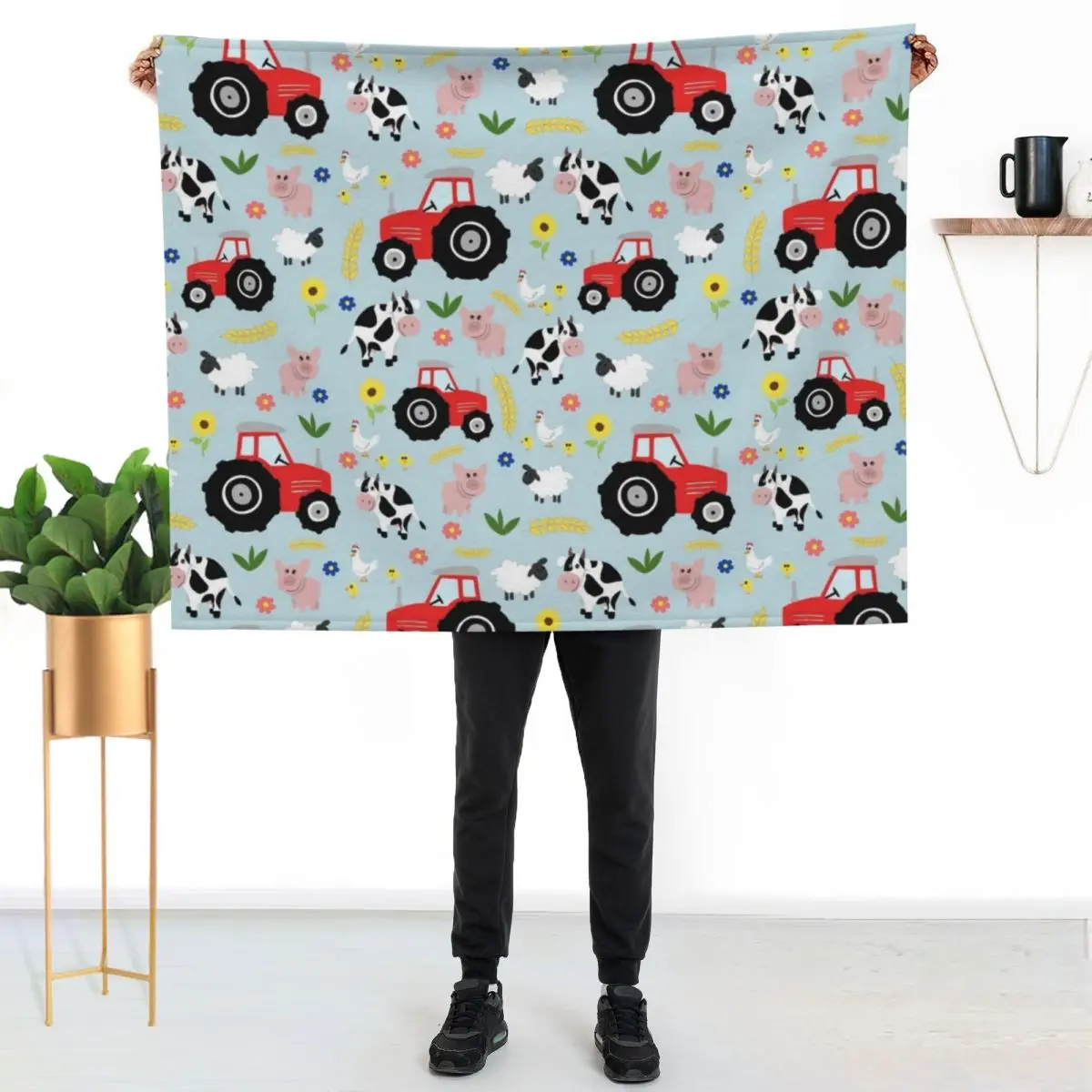 

Cute Kids Red Tractor Farm Animal Pattern Cartoon Throw Blanket Warm Flannel Blanket for Couch Chair Bedroom