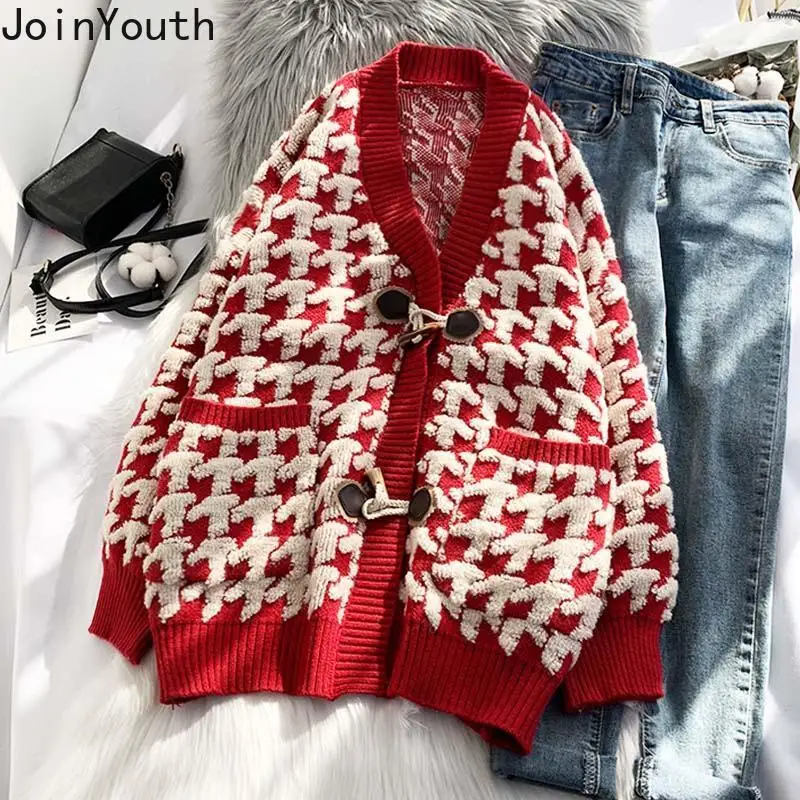 Plaid Knitted Cardigan Coat for Women Sueter Mujer Korean Fashion Casual Pull Femme Oversized Sweater 2024 Fall Winter Clothing