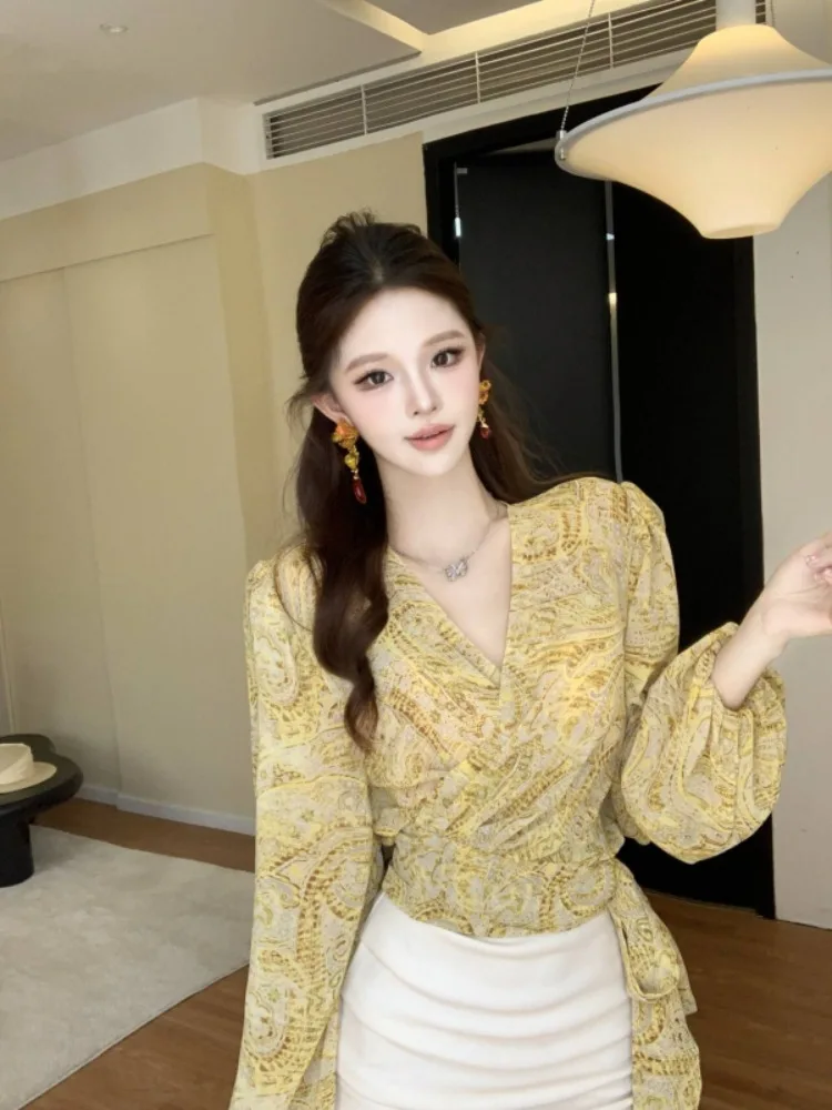 

Летний желтый принт Bubble Sve Защита от солнца irt Женский дизайн с застежкой талии V-Ne Красивый топ в Корейском стиле Slim Fit