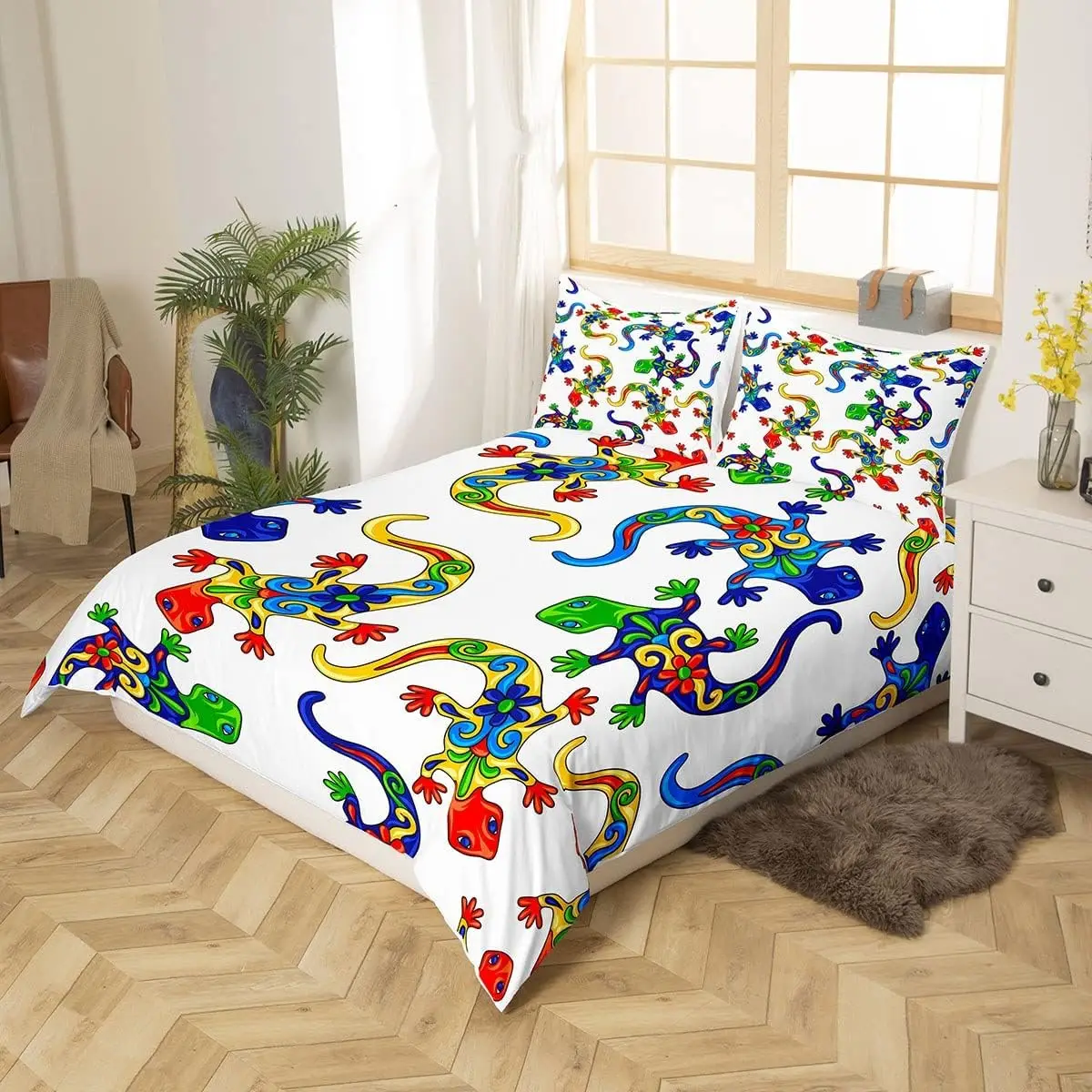 Colorful Chameleon Bedding Set Double Exotic Lizard Duvet Cover Set Wildlife Reptile Comforter Cover for Boy Girls Room Decor