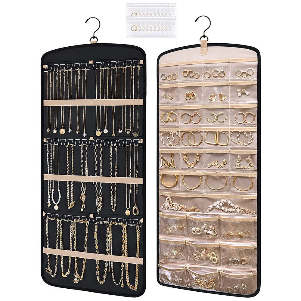 Wall Hanging Jewelry Organizer Necklace Holder Anti-tangle Earrings Hanger with 20 Jewelry Bags Travel Jewelry Storage Roll