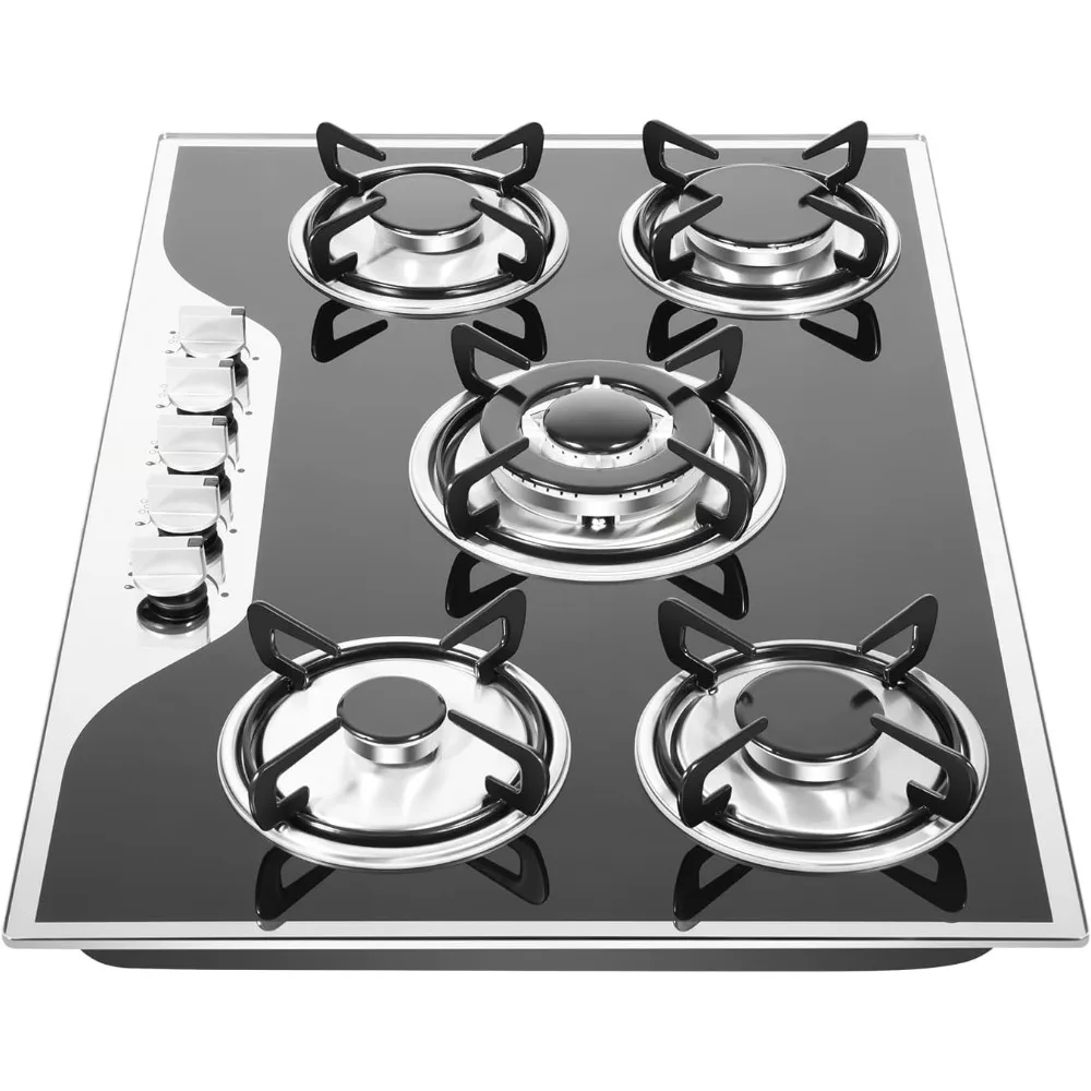 

30 Inch Gas Cooktop, Built-in 5 Burners Stainless Steel Gas Stovetop LPG NG gas Hob Cooktop Stainless Steel