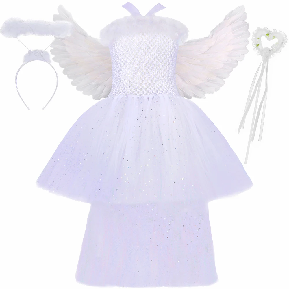 Sparkly White Angel Costume for Girls Wedding Birthday Party Ball Gown Kids Guardian Angel Fairy Tutu Princess Dress with Train