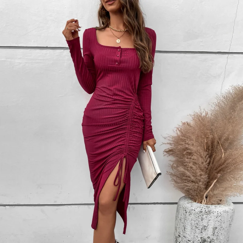 

YQ1-Women's Spring Summer Hot-Selling Split Drawstring Slimming Square NeckaBodycon Long Sleeve Dress
