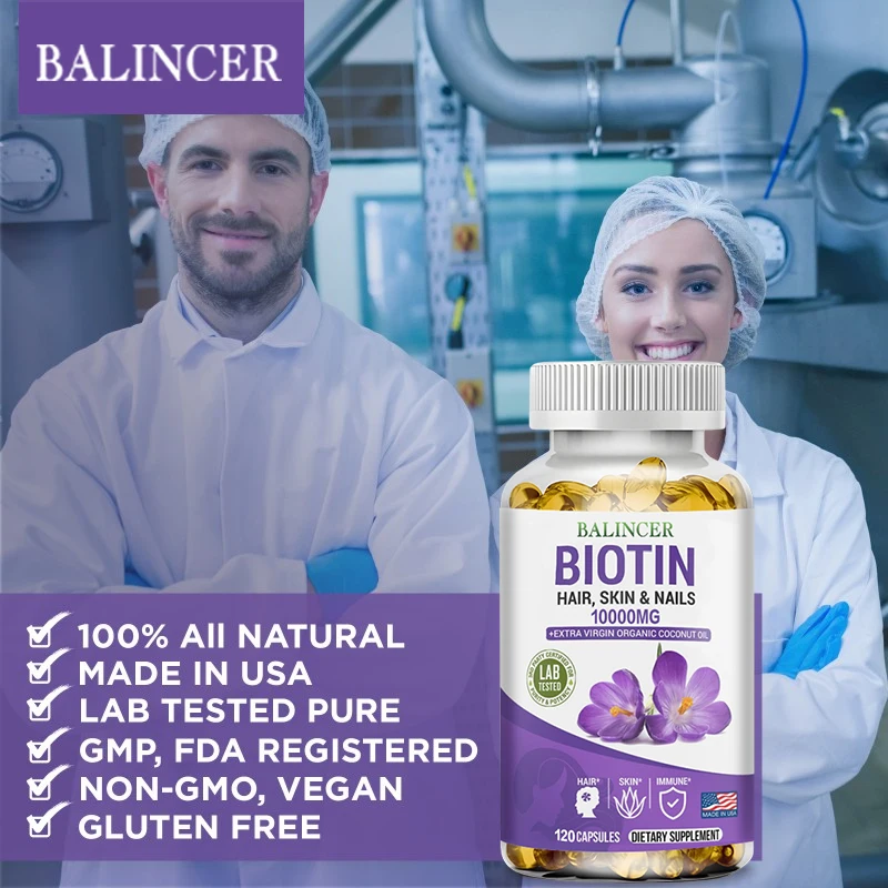 Balincer Biotin Capsules - Energy Eye Skin Hair Nail Health Supplement - (120 Vegetarian Capsules)