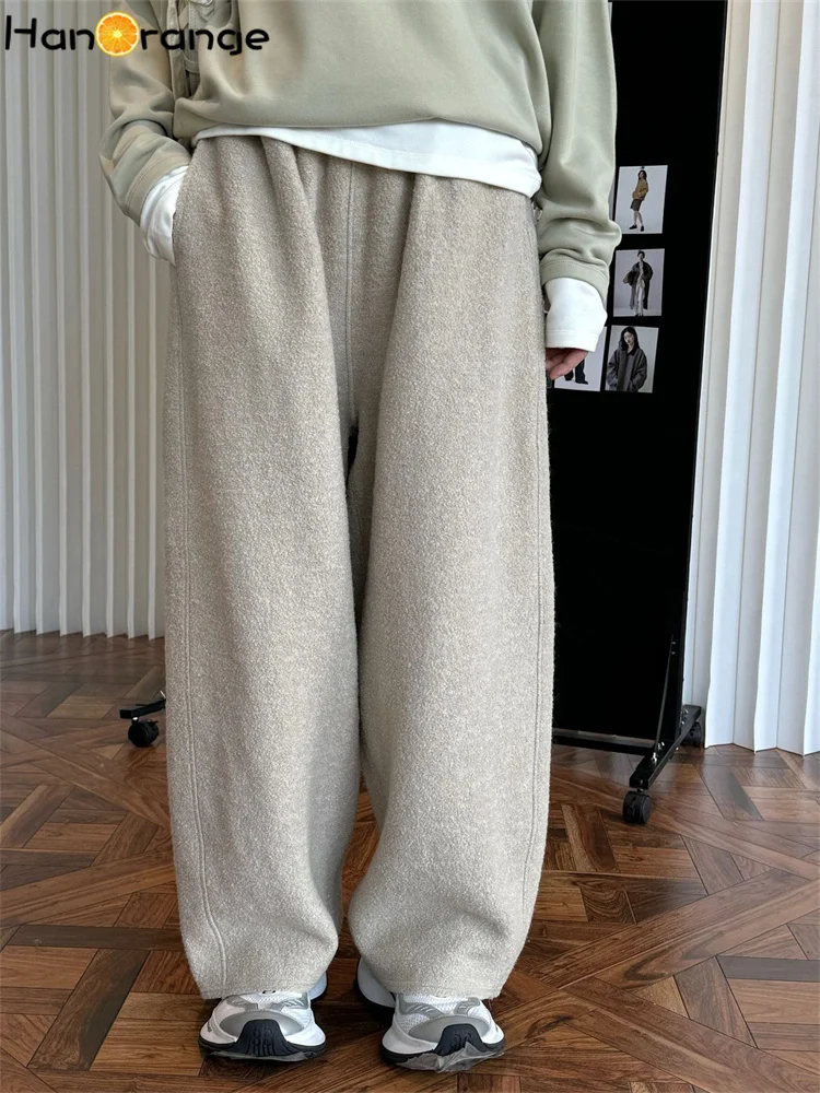 

HanOrange 2024 Winter Woolen Wide Leg Pants Women Comfortable Wool Thick Warm Casual Trousers Black/Khaki