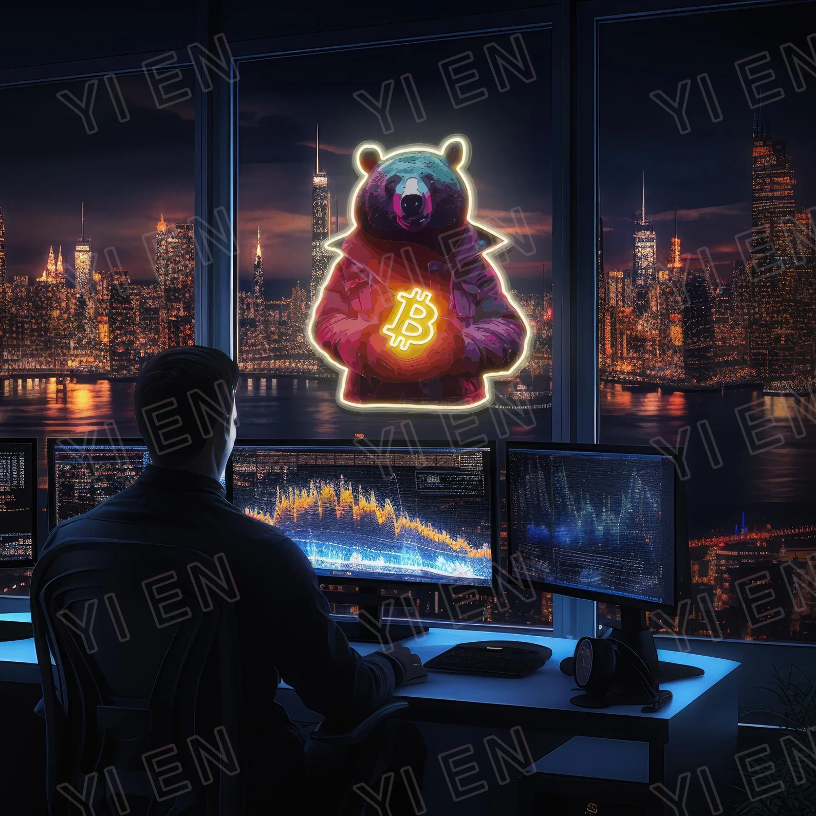 Crypto Bitcoin Bear Neon LED Acrylic Sign: AI Midjourney Generated Perfect Wall Art Gift For Man Cave & Boyfriend | Home, Office