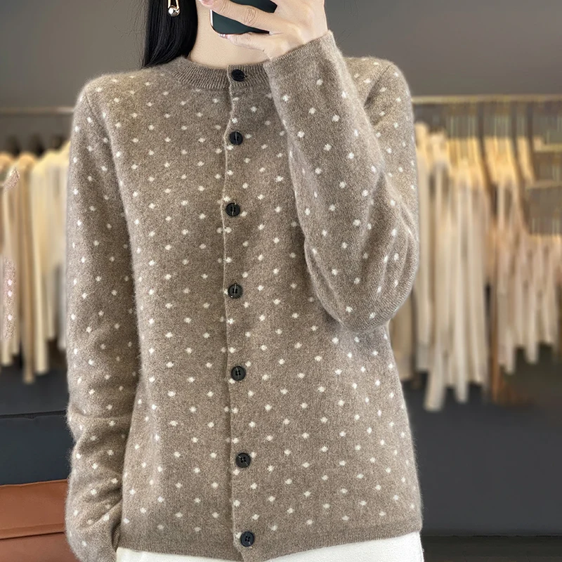 100% Merino cashmere fall/winter new women's sweater crewneck Cardigan Fashion polka dot warm bottom knit shirt