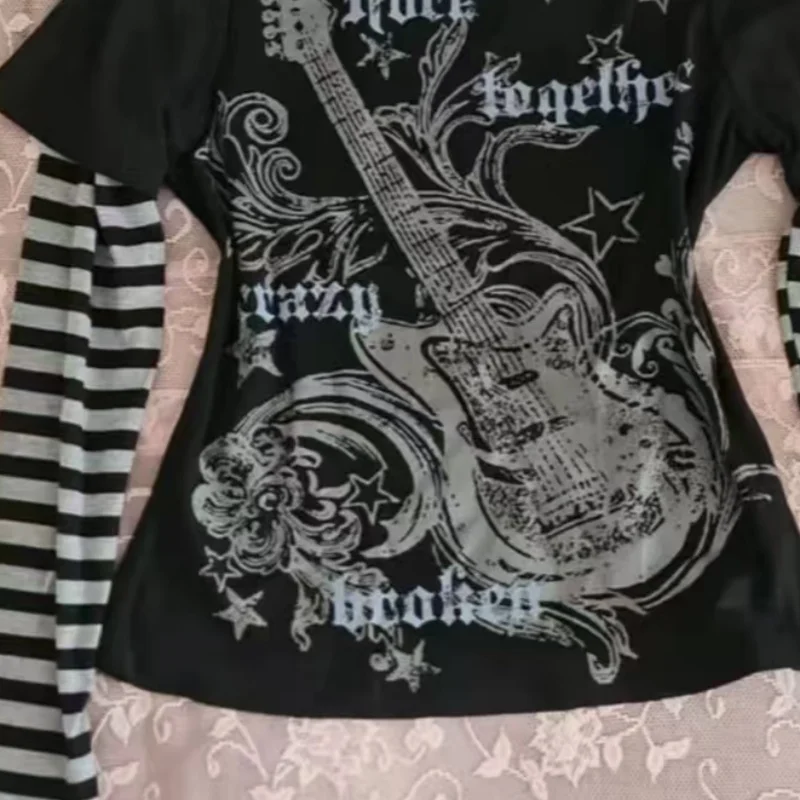 الأمريكية ثقافة فرعية الشرير تي شيرت مطبوع Harajuku مخطط المرقعة بلايز ريترو Y2K القوطية المحملة الهيب هوب هوتي وهمية قطعتين #5