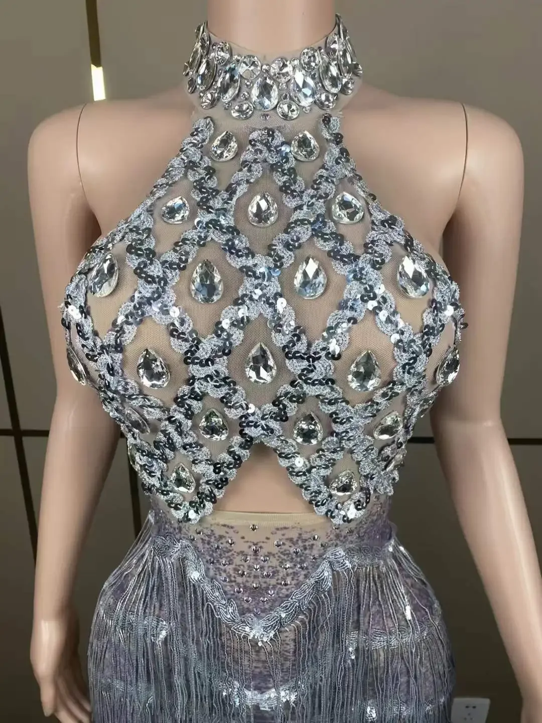 

Sexy Backless Flash Rhinestone Shinning Fringe Dress For Women Birthday New Year Photography Bling Bling Stage Wear Drag Queen