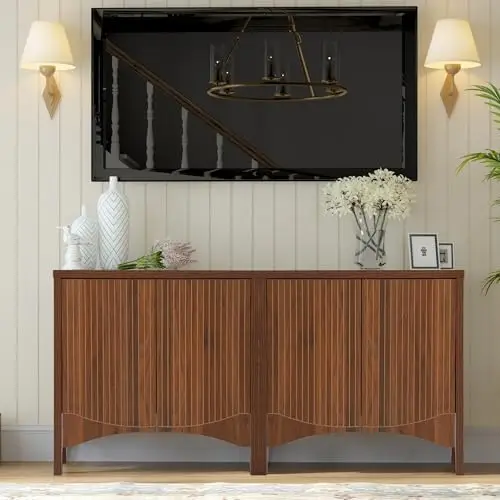 خزانة جانبية مخددة مع أرفف قابلة للتعديل، بوفيه بأربعة أبواب من خشب الجوز المقوس