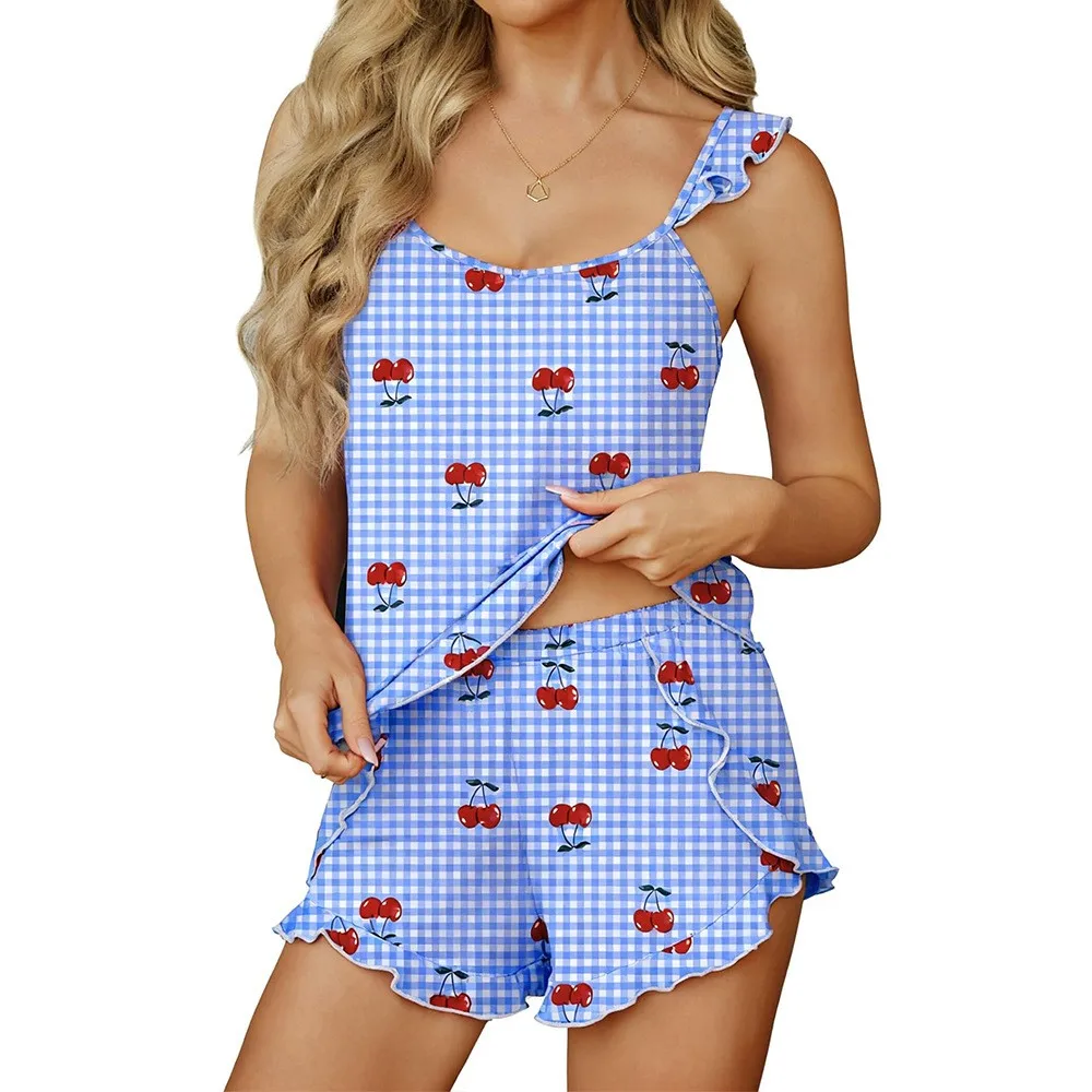 Summer Shorts Pajamas Woman Sleeveless Crop Top Short Pants Two Piece Set Pink Color Pants Ruffle Trim Cherry Print Shorts