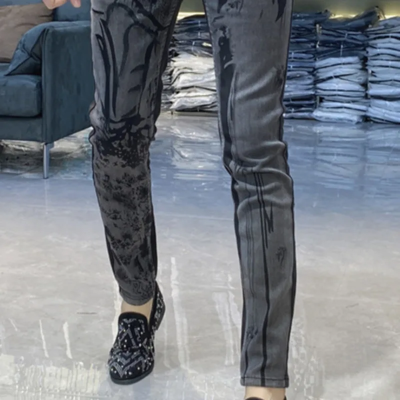 Fall Printed Skinny Slim Men Jeans Party Casual Trousers Pantalones Winter High Street Black Jean Streetwear Motorcycle Pant