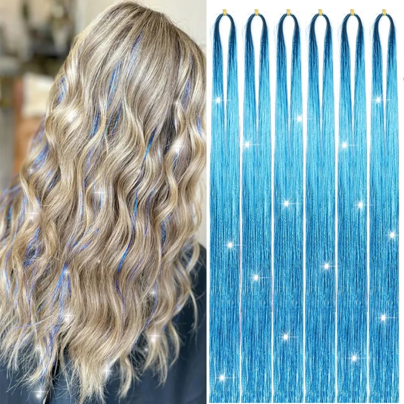 

24 Inch 6pc Synthetic Hair Tinsel Strands Long Staight Hair Extensions For Festivals Party Pieces Sparkling Shiny