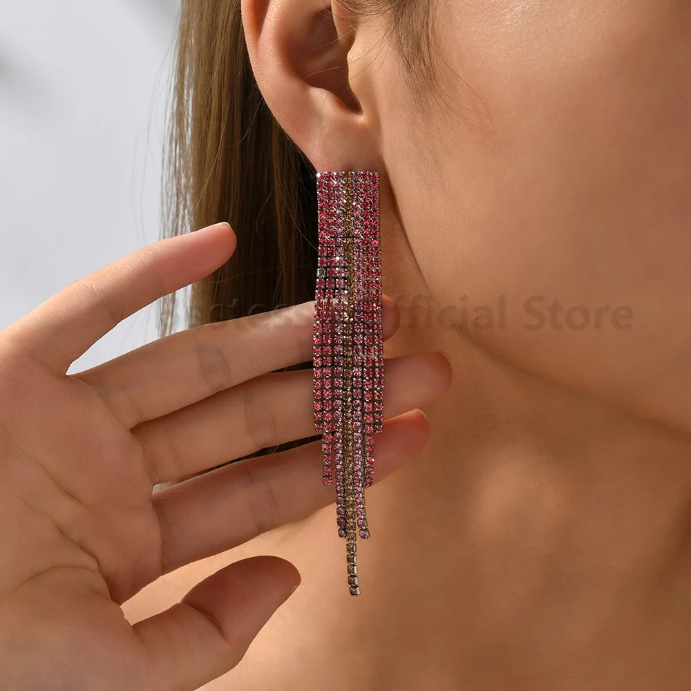 New Long Tassel Crystal Dangle Earrings For Women Trend Luxury Design Fashion Pendientes Largos Girls Party Jewelry Accessories