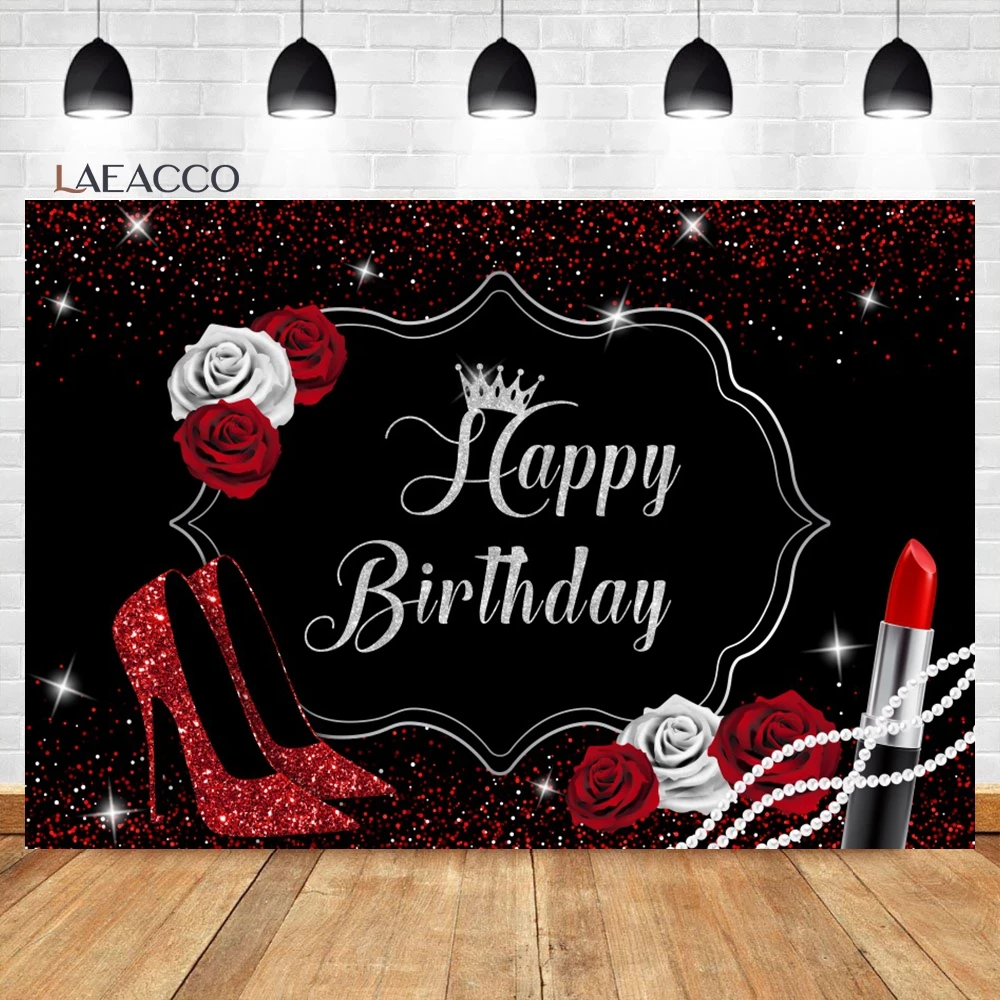 Laeacco Pink Rose Gold Birthday Backdrop Glitter Dots Diamonds Balloons High Heels Girls Women Portrait Photography Background