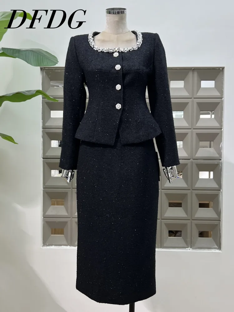 

DFDG Женский уникальный дизайнерский комплект из 2 предметов весна-лето 2025 года с квадратным вырезом на талии, куртка-карандаш, юбка, винтажный офисный комплект