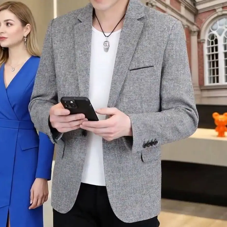

Stylish Men's Navy Black Gray Blazer Slim Fitting Outfits Notched Collar Single Button Design Suit Jacket Male Smart Coats