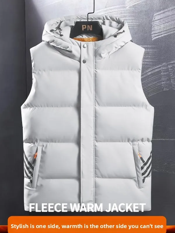 

Зимний утепленный жилет на флисовой подкладке для мужчин, свободный повседневный жилет с капюшоном и подплечниками, из полиэстера и композитного волокна
