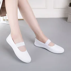 Women's Ballet Flats White Canvas Shoes Elastic Band Slip-on Casual Shoes Comfortable Sneakers Non-slip Soft Sole Dancing Shoes