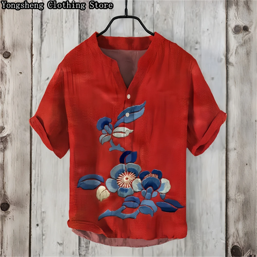 Summer men\'s short-sleeved POLO shirt linen printed shirt fashionable personality element printed large size shirt S-5XL
