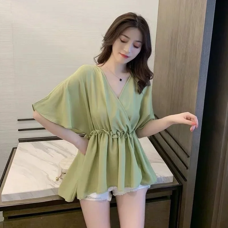 สีเขียวหลวมสีขาวชีฟองสําหรับผู้หญิงสีดําผู้หญิงเสื้อแขนสั้น V คอเสื้อผ้า M เสนอแนวโน้มยอดนิยม JJ524